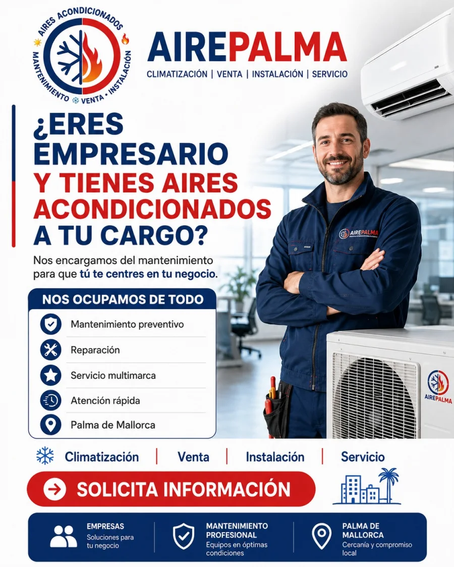 Cartel de Aires Palma: mantenimiento de aire acondicionado para empresas en Palma de Mallorca, con mantenimiento preventivo, reparación, servicio multimarca y atención rápida